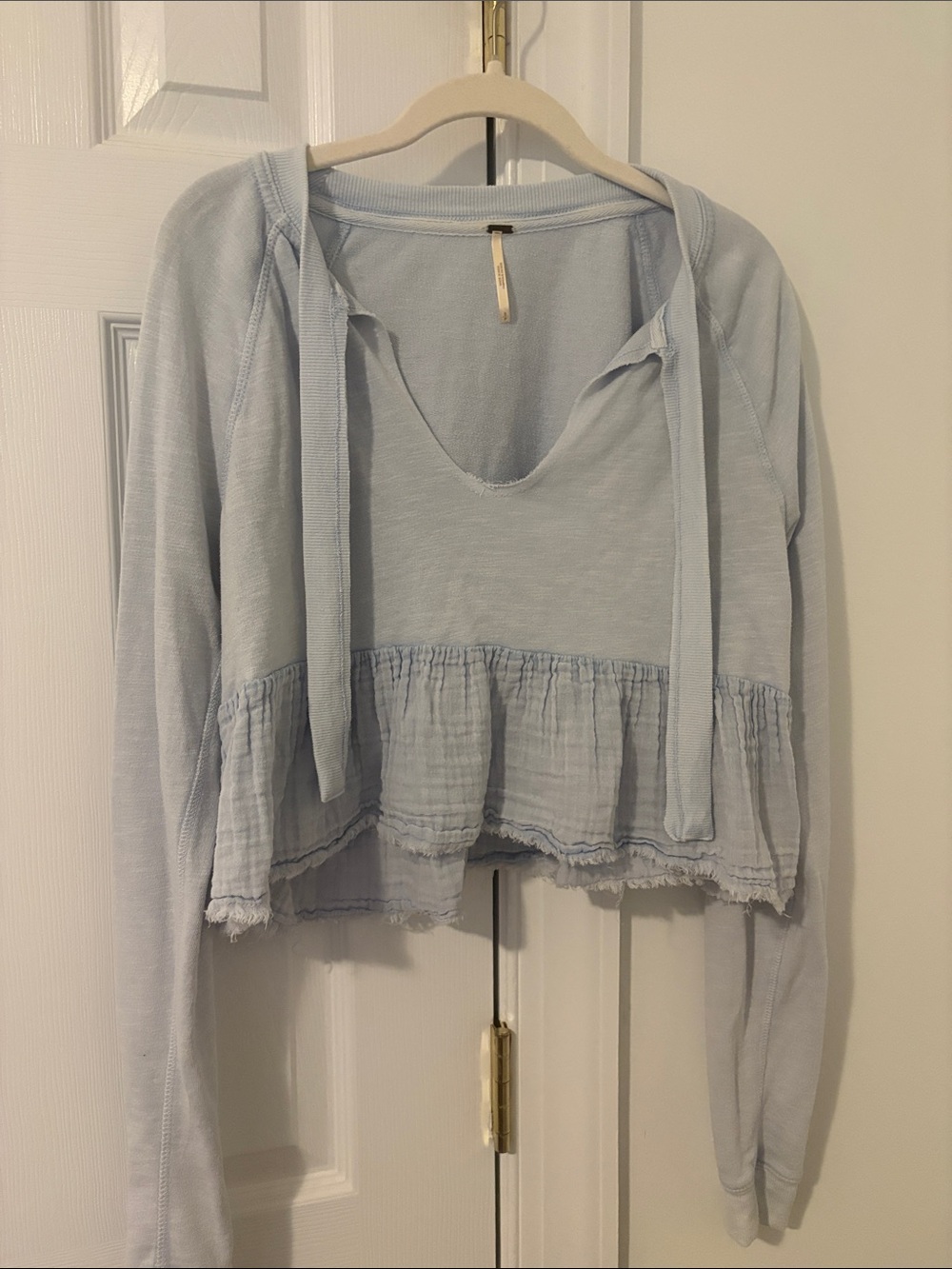 Free People Light Blue Ruffle-Hem Hoodie Sweater